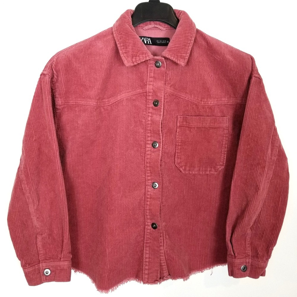 Zara Women's Corduroy Shirt Jacket Sz L Mauve Button‎ Up Raw Hem Boho